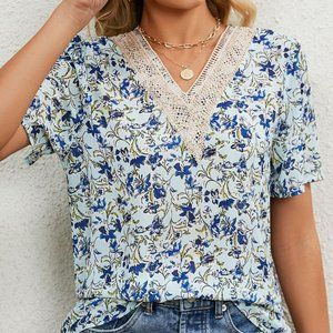 V-neck chiffon print loose short-sleeved tops